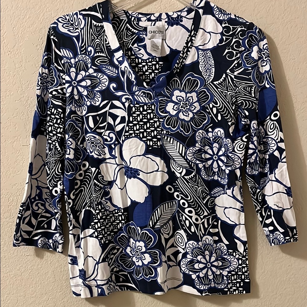 Chico's Black and White Graphic Polo Blouse